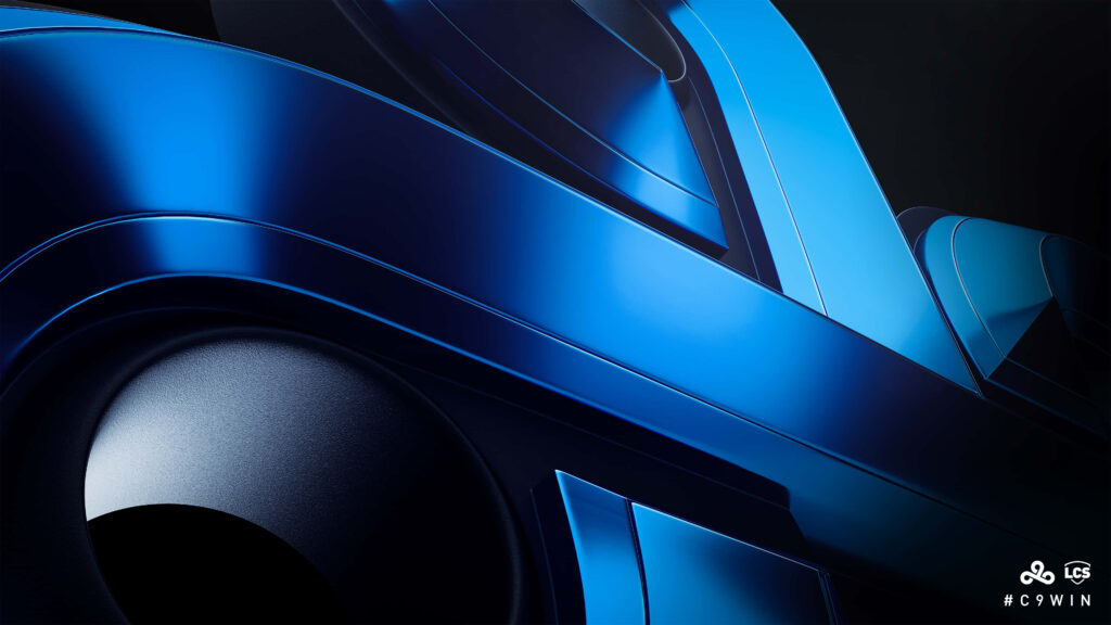 Cloud9 esports wallpaper with 3D abstract metallic blue design and glossy curved logo background
