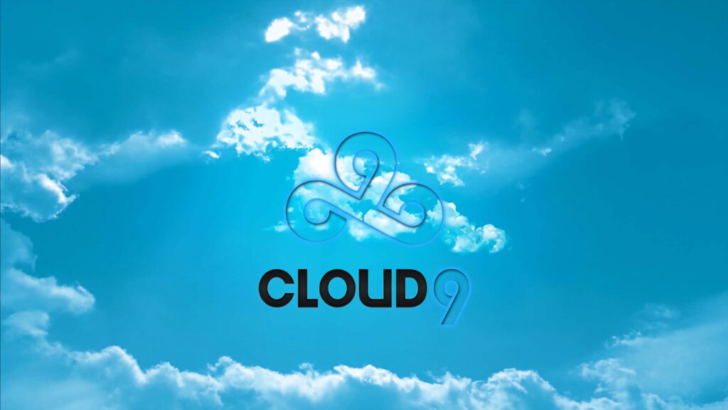 Cloud9 wallpaper with blue sky fluffy clouds and bold Cloud9 logo minimalist esports design