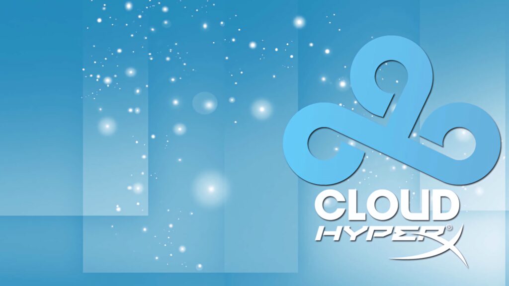 Cloud9 wallpaper with blue white tones HyperX logo geometric layers glowing orbs eSports style background