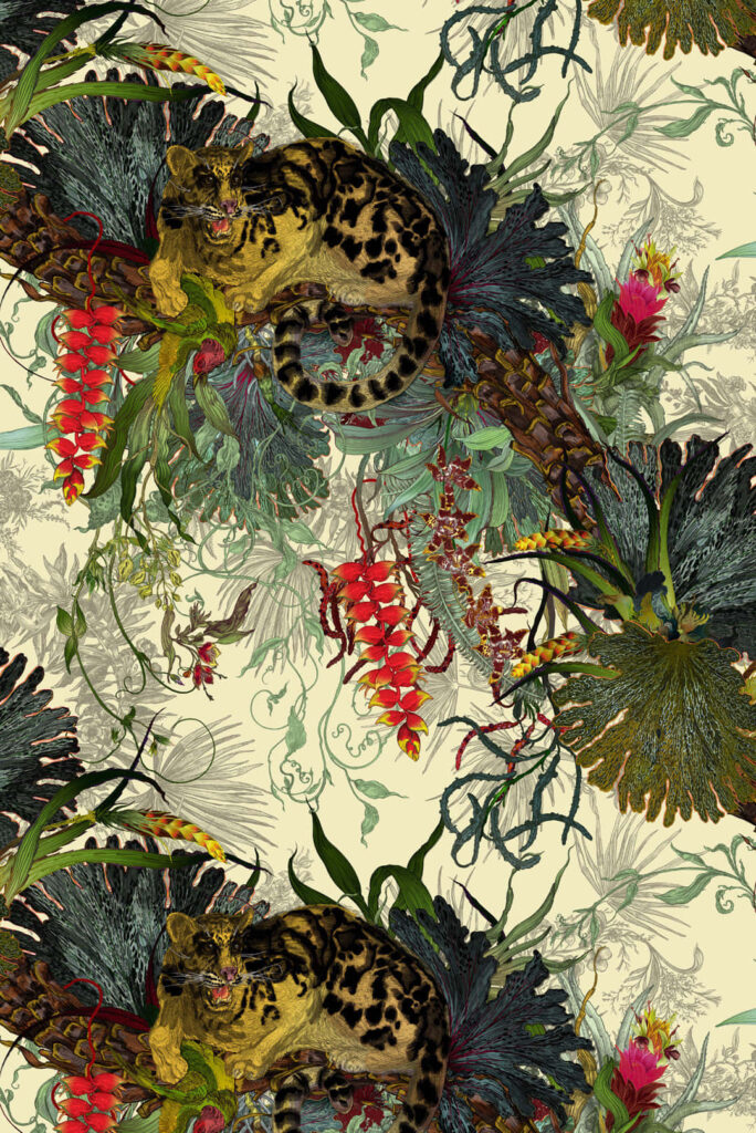 Clouded leopard resting in vibrant tropical floral pattern with twisting vines and exotic flowers Wallpaper