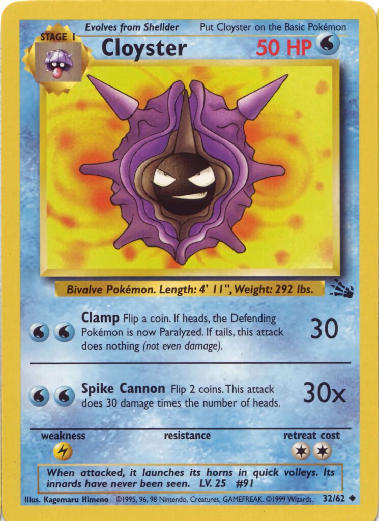 Cloyster 1999 Pokémon card wallpaper with vibrant purple shell and sparkling blue background