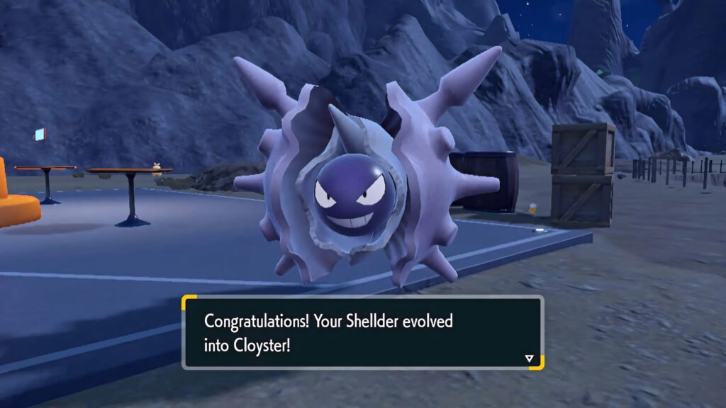 Cloyster mid-evolution with spiked shell under starry night sky 3D Pokémon wallpaper background