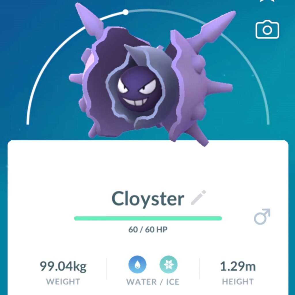 Cloyster Pokemon Go wallpaper intense expression spiky purple shell blue gradient background stats