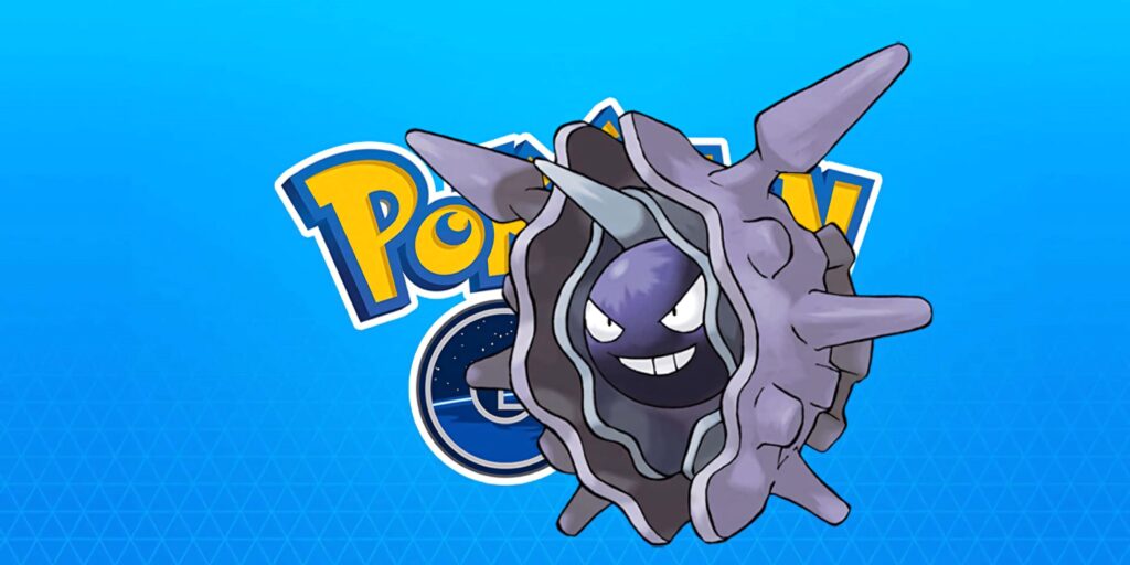Cloyster Pokemon Go wallpaper with spiked shell fierce expression blue geometric background