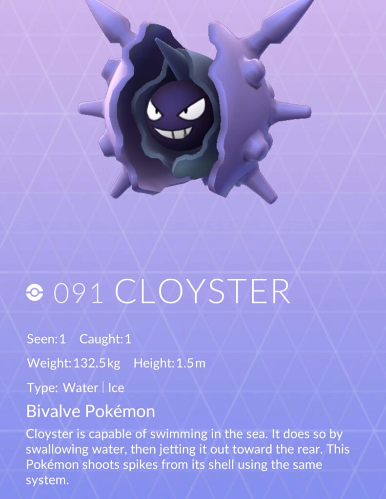 Cloyster Pokémon wallpaper with spiky purple shell Water Ice type stats and Pokédex info background