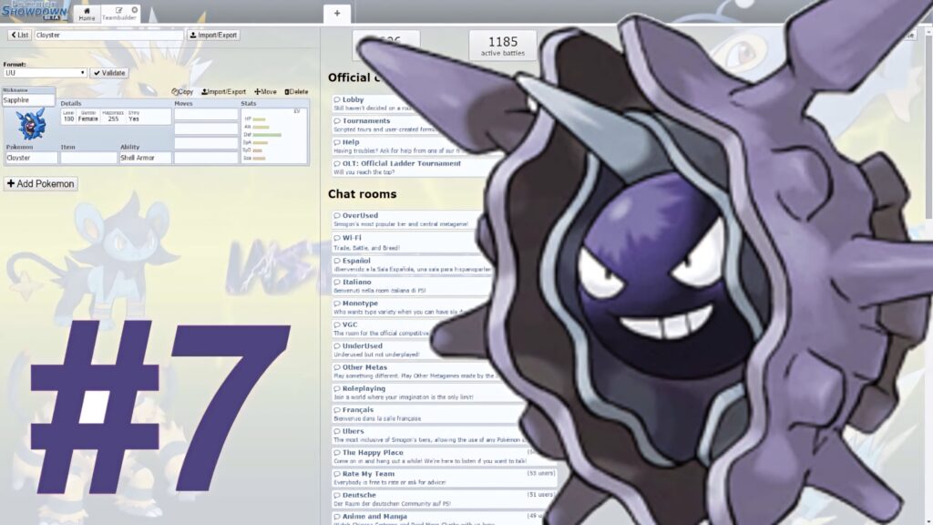 Cloyster with spiked shell and grin on purple background with Pokémon Showdown battle interface number 7 Wallpaper