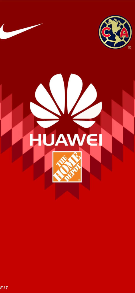 Club América wallpaper red geometric background with emblem Huawei and The Home Depot logos