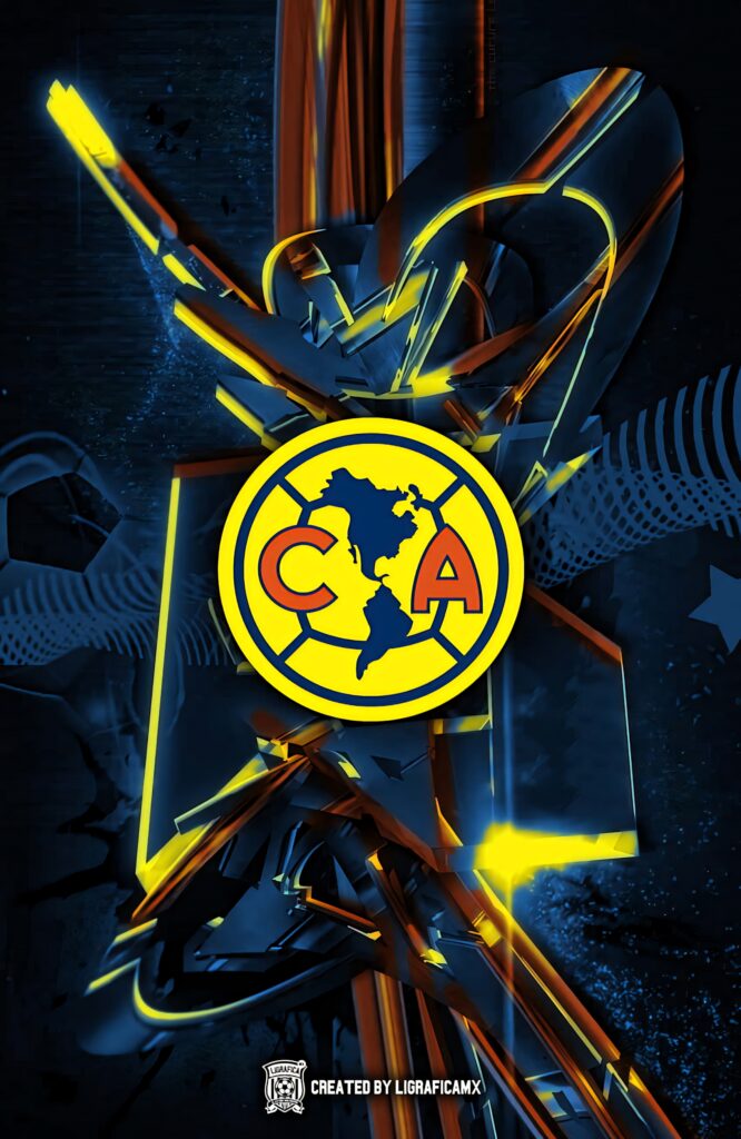 Club América wallpaper with yellow blue crest and vibrant geometric shards electric light effects