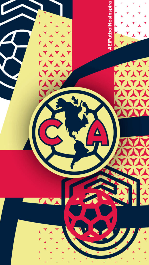 Club América wallpaper with iconic logo over vibrant yellow red navy geometric background design