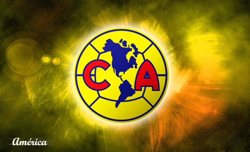 Club América wallpaper with yellow blue crest and bold map on vibrant golden glowing background