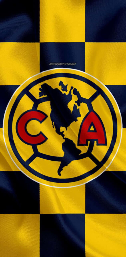 Club América wallpaper with yellow blue checkerboard and logo featuring Americas map and red initials