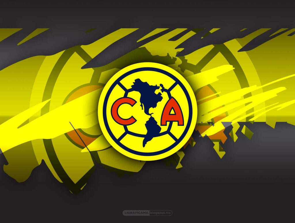 Club América wallpaper with yellow blue crest and bold abstract brush strokes background