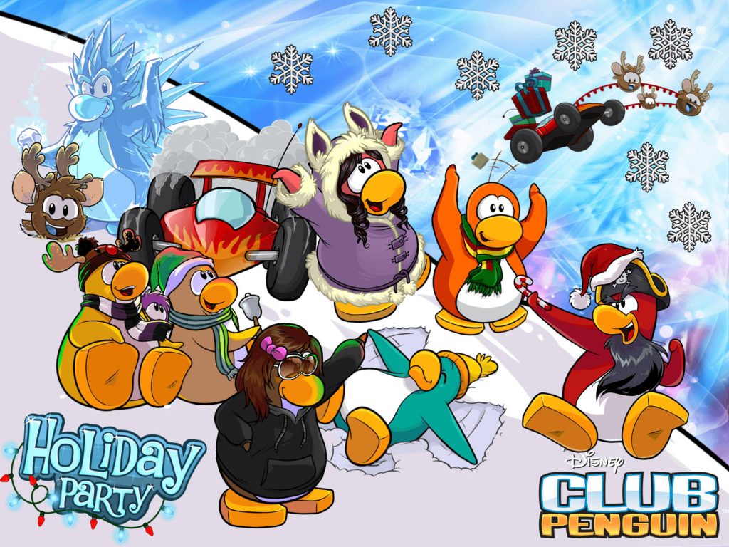 Club Penguin festive holiday party wallpaper with penguin avatars snowy landscape and red race car