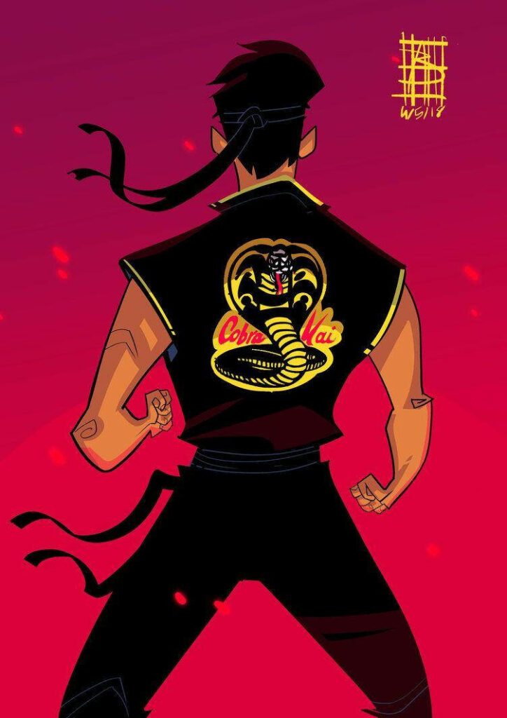 Cobra Kai Character in Dynamic Pose - Vibrant Wallpaper Illustration