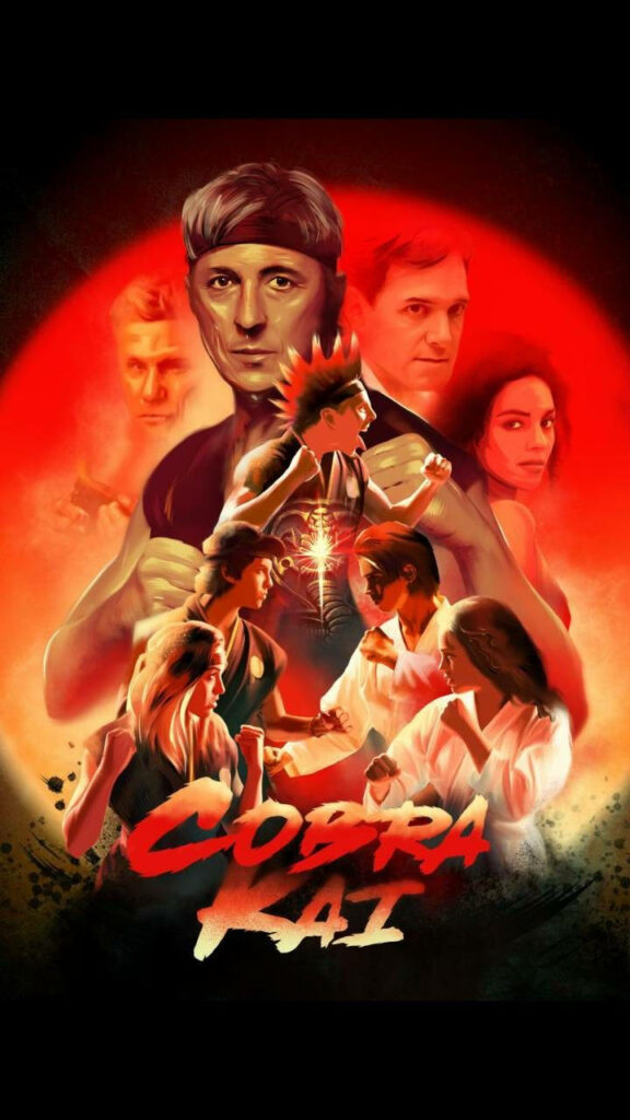 Cobra Kai Wallpaper: Vibrant Red Background with Iconic Characters