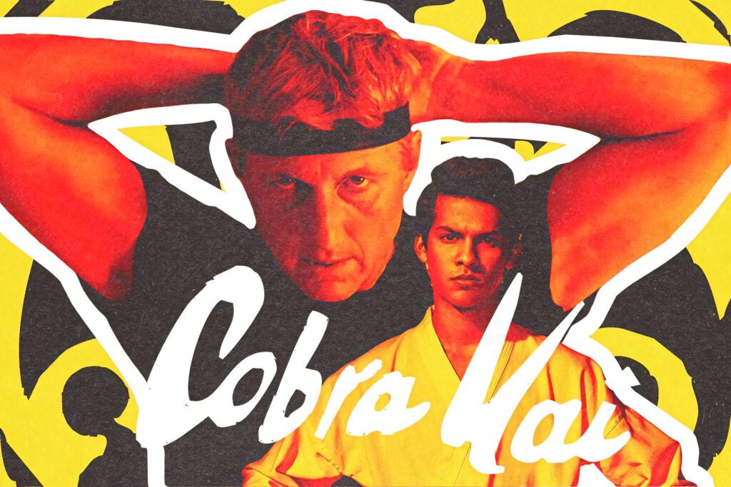 Dynamic Cobra Kai Wallpaper: Bold Characters on Yellow & Black Background