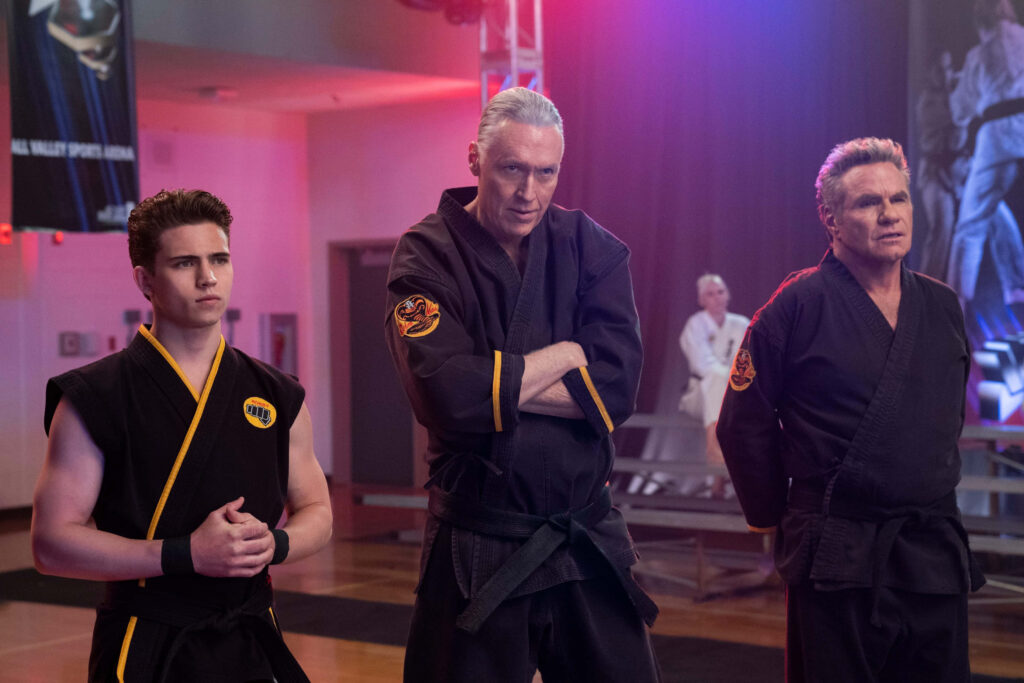 Dynamic Cobra Kai Wallpaper: Key Characters in Iconic Dojo Uniforms