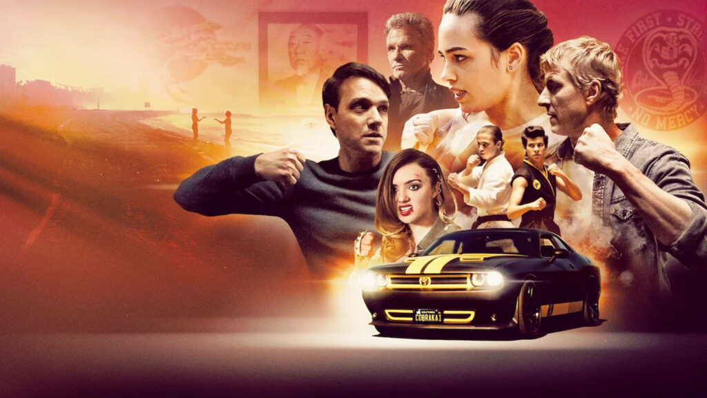 Cobra Kai Action Wallpaper with Yellow-Striped Mustang Background