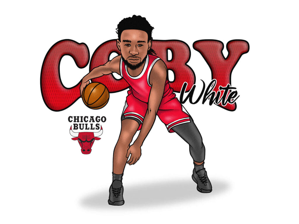 Coby White in dynamic Chicago Bulls pose cartoon wallpaper with bold red text and logo background