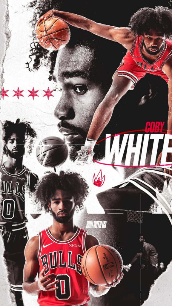 Coby White Chicago Bulls collage wallpaper with action shots grayscale and vibrant red tones