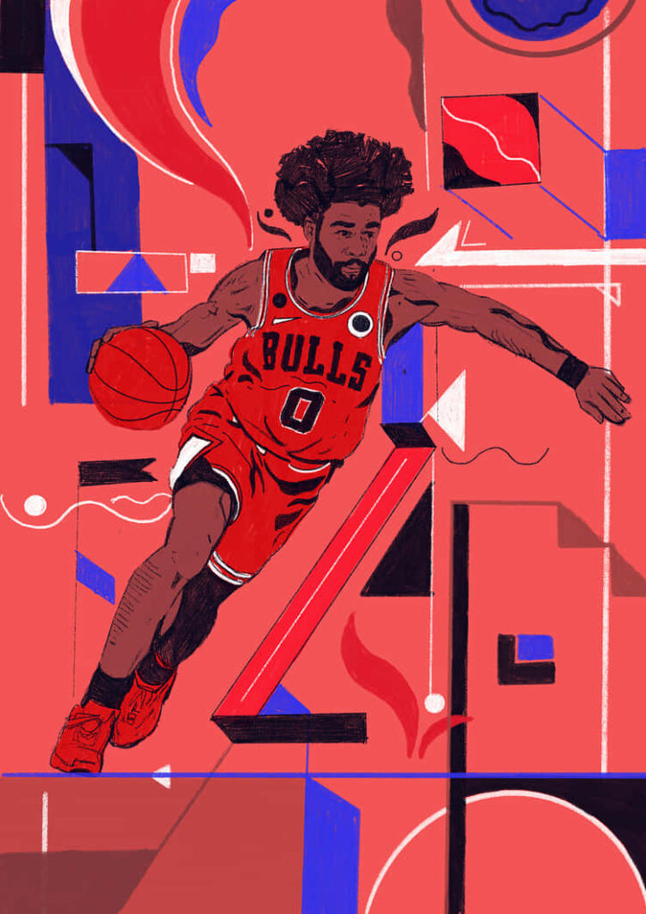 Coby White Chicago Bulls dribbling basketball dynamic red blue geometric abstract wallpaper