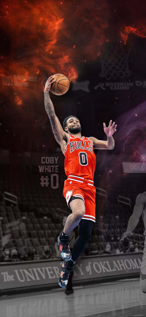 Coby White Chicago Bulls soaring layup vibrant red black cosmic background basketball action wallpaper