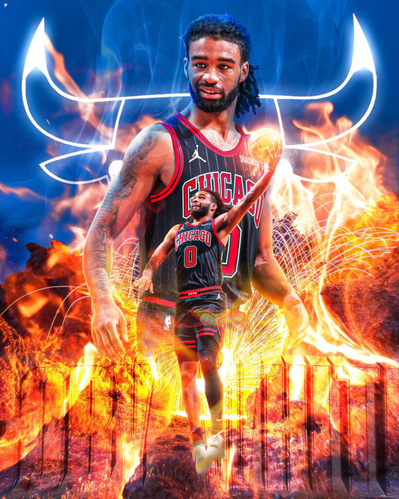 Coby White Chicago Bulls in black jersey with fiery flames and glowing Bulls logo background Wallpaper