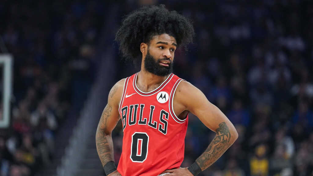 Coby White Chicago Bulls in red jersey number zero intense game moment dynamic arena lighting Wallpaper