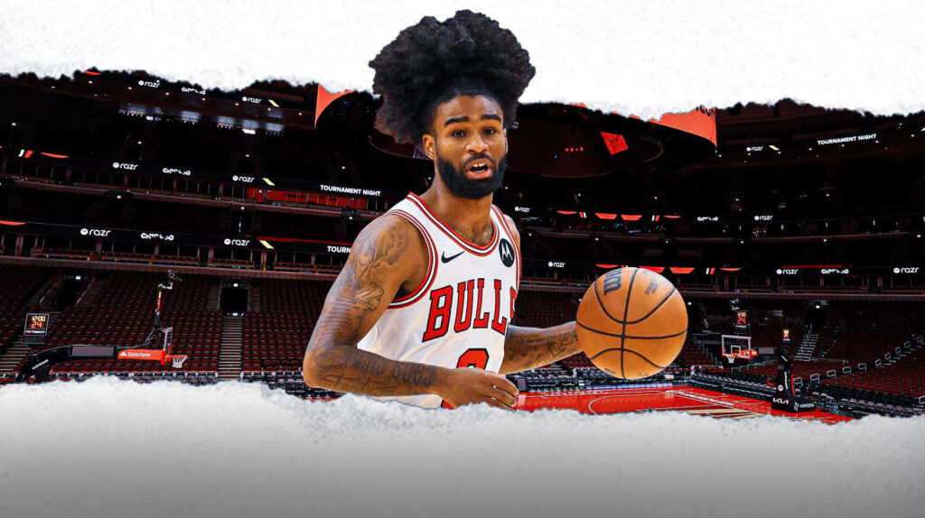 Coby White in Chicago Bulls jersey holding basketball with dramatic arena background and bold colors Wallpaper
