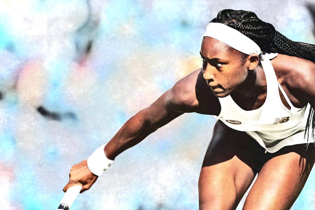 Coco Gauff intense tennis action wallpaper white sportswear pastel blurred dynamic background