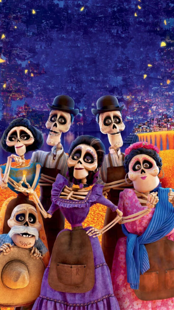 Vibrant Coco Movie Wallpaper with Festive Skeleton Characters