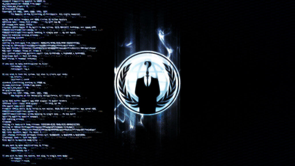 Anonymous Hacker logo with digital effects wreath and white code streams on dark cyber background Wallpaper