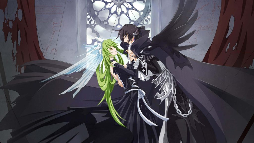 Code Geass wallpaper featuring Lelouch and CC gothic embrace with rose window anime art