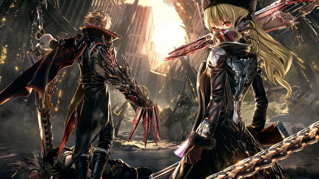 Two Code Vein revenants with metallic Blood Veils in a dark post-apocalyptic ruined cityscape wallpaper