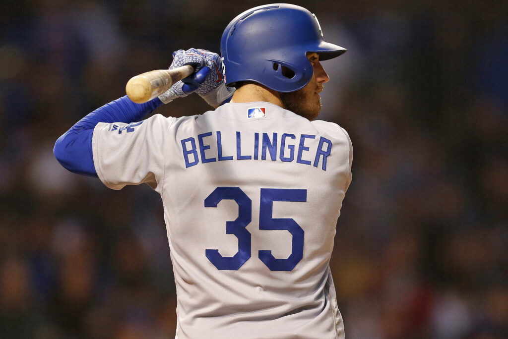 Cody Bellinger Los Angeles Dodgers number 35 at bat blue white jersey stadium wallpaper background
