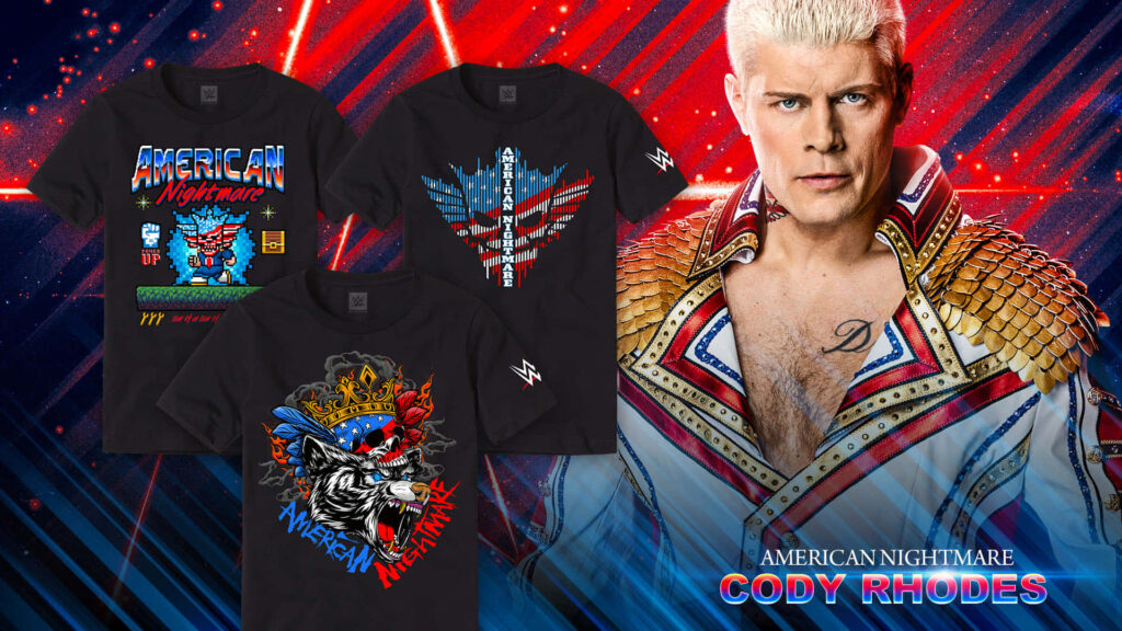 Cody Rhodes American Nightmare wallpaper with red blue neon lines and three unique t shirt designs