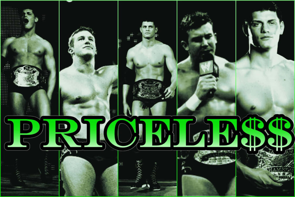 Cody Rhodes championship collage wallpaper with green glow bold outlines and priceless text background