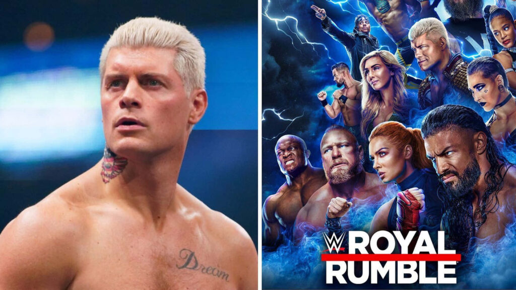 WWE Cody Rhodes with blonde hair and neck tattoo at Royal Rumble with blue lightning background Wallpaper