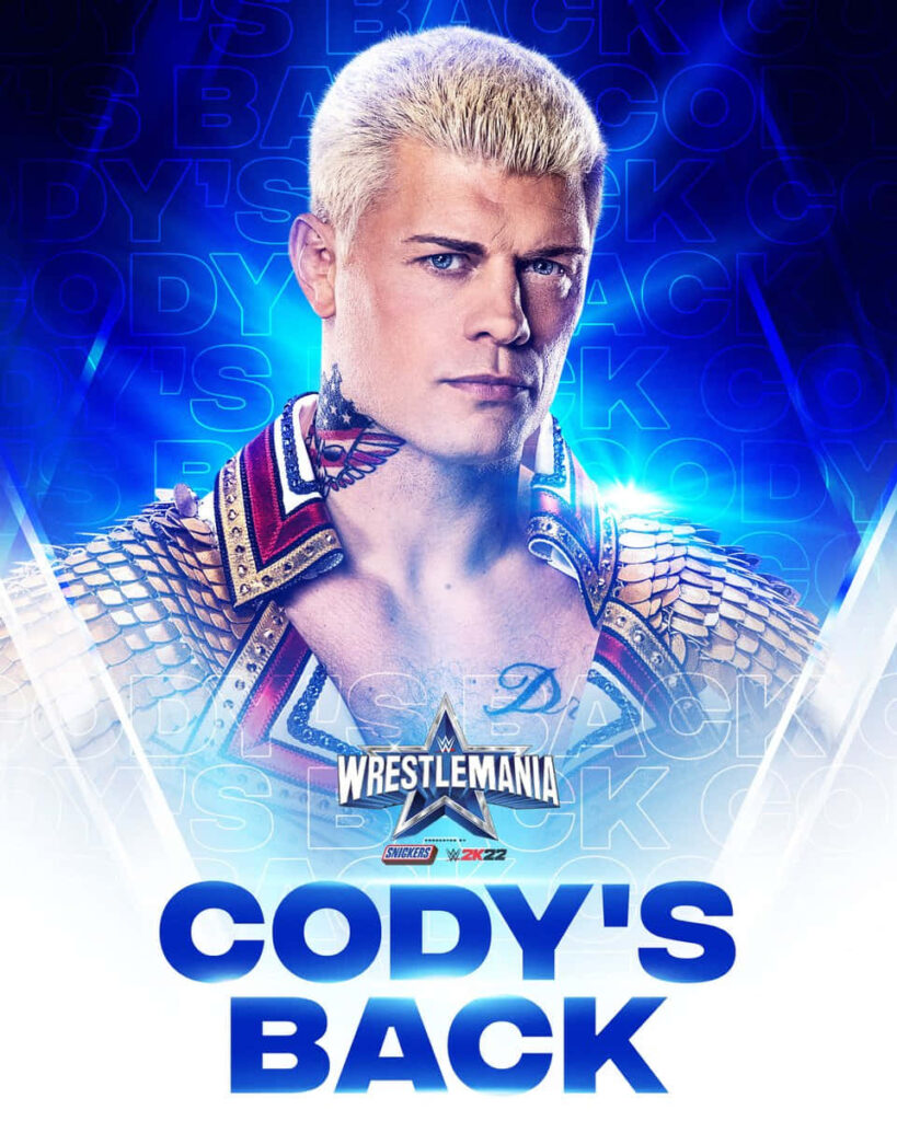 Cody Rhodes Wrestlemania comeback wallpaper with electric blue background and bold text design