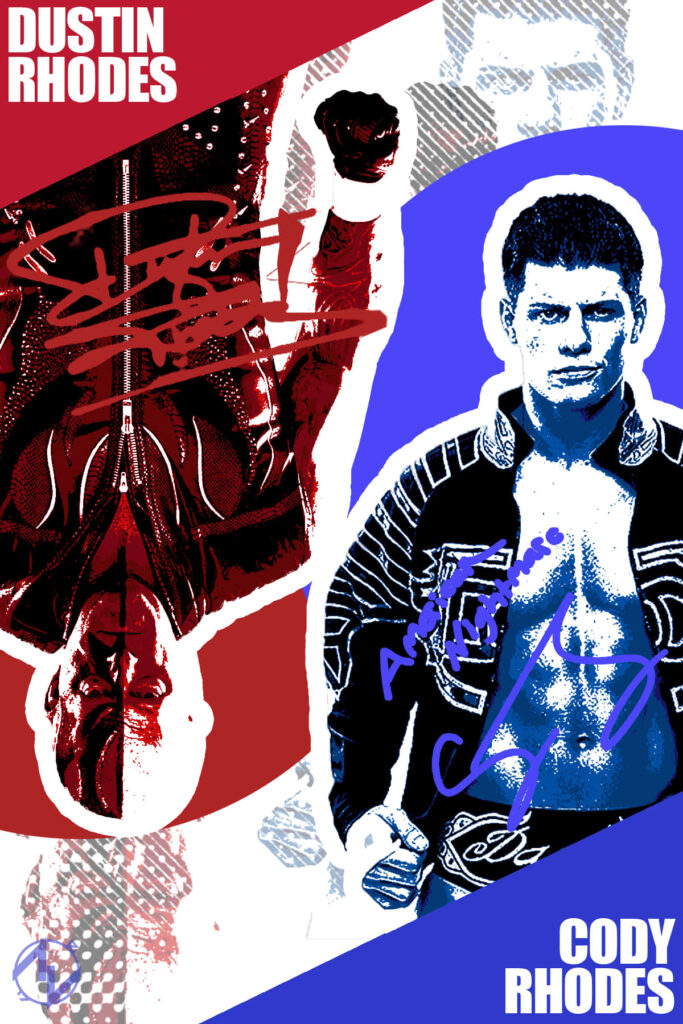 Cody and Dustin Rhodes pop-art wrestling wallpaper with bold red blue hues and textured background