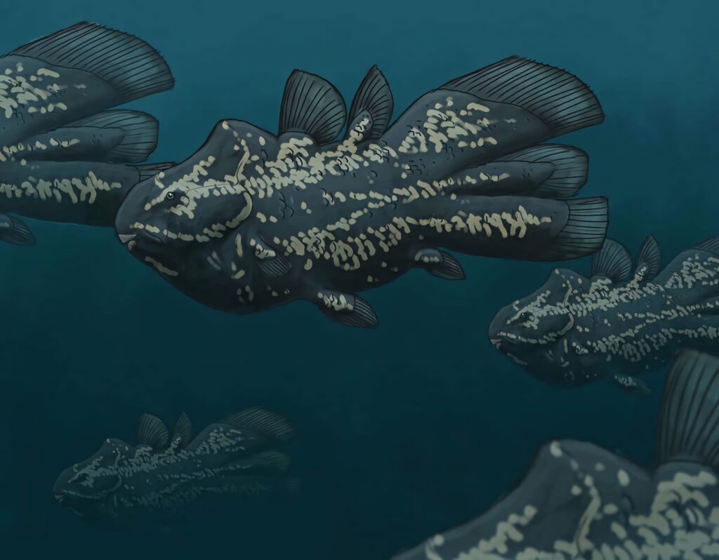 Realistic deep sea wallpaper with coelacanths swimming in dark blue textured underwater scene