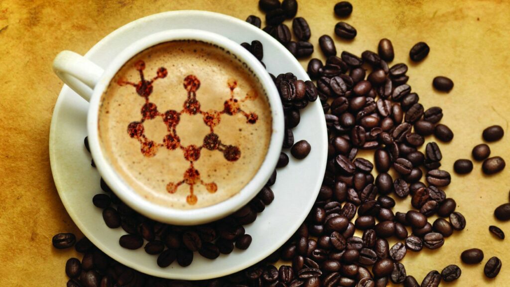 Coffee Cup with Molecular Design: Warm Wallpaper Background