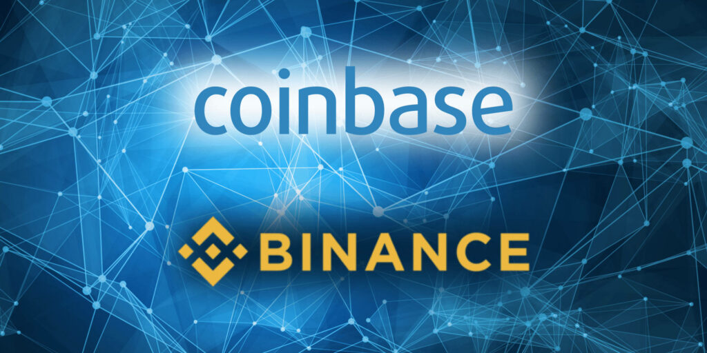 Coinbase and Binance logos on blue digital network background symbolizing crypto exchange innovation Wallpaper