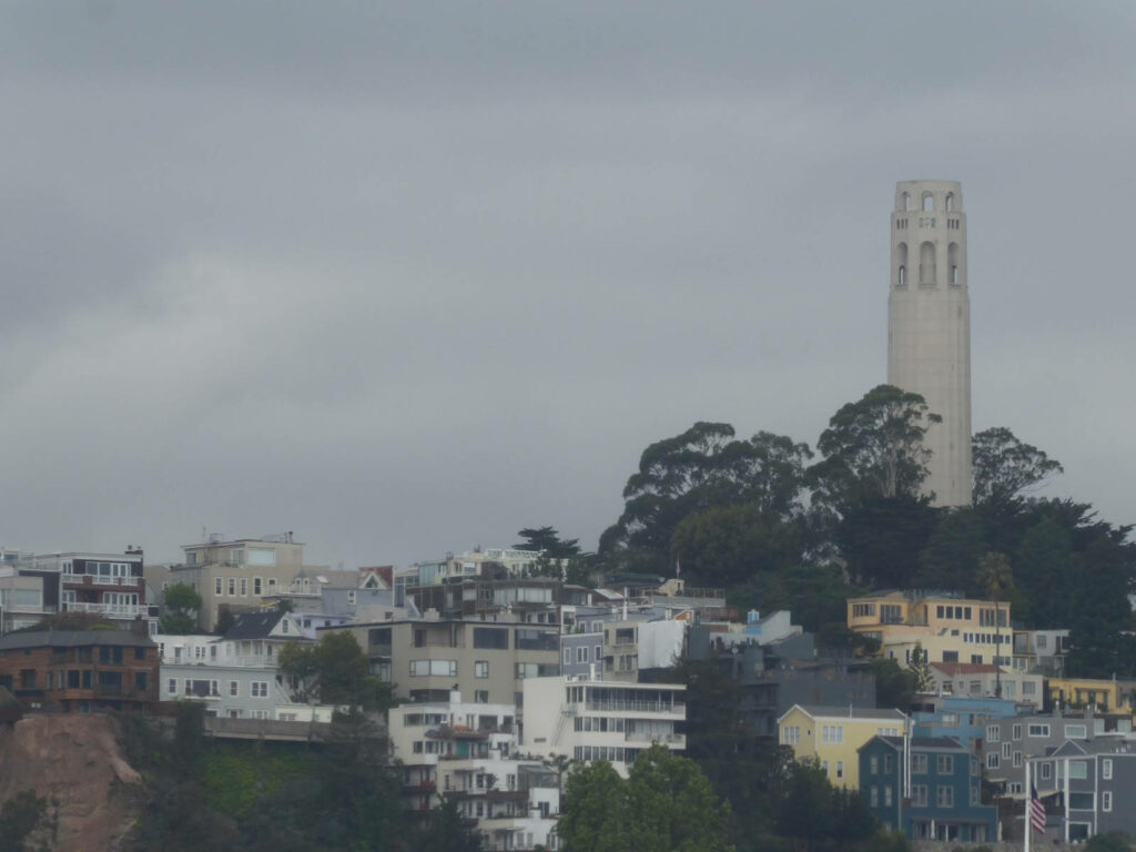 Coit Tower above colorful San Francisco houses with gray clouds and green trees wallpaper