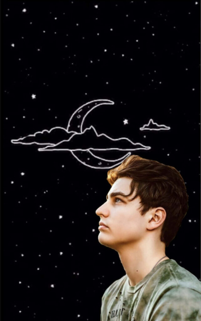 Colby Brock side profile with dreamy starry night sky crescent moon artistic wallpaper background