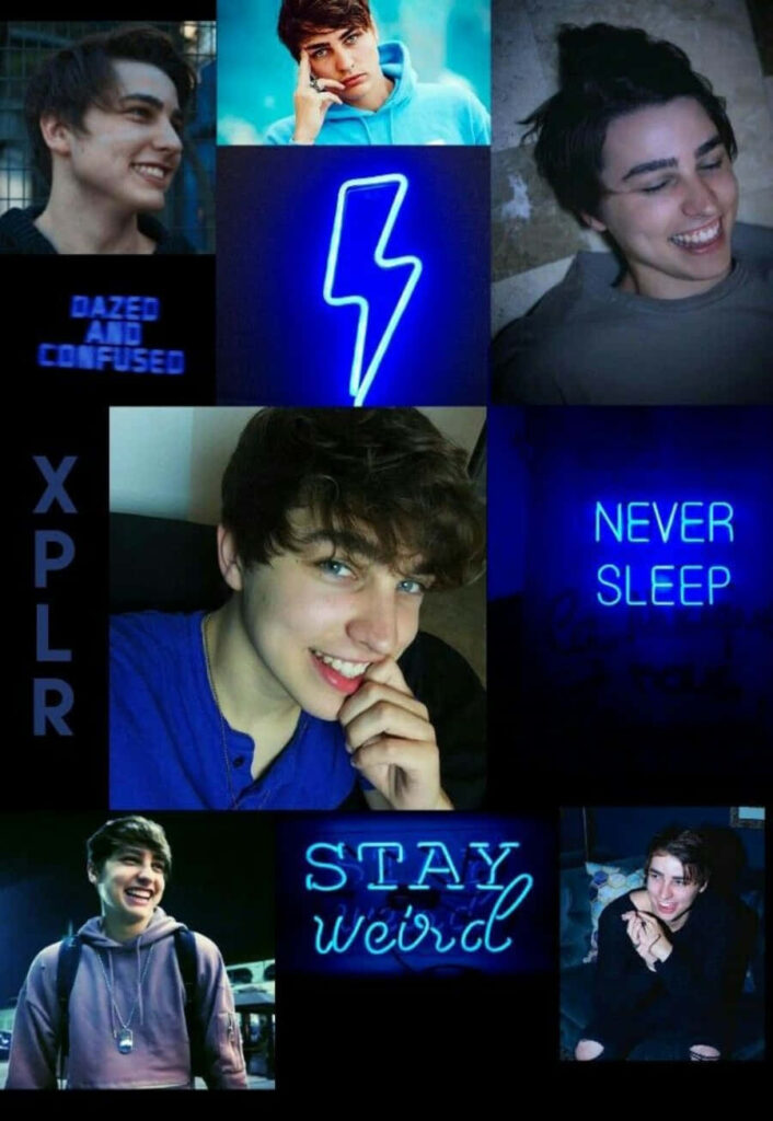 Colby Brock collage wallpaper vibrant photos neon blue lightning bolt motivational phrases dark background