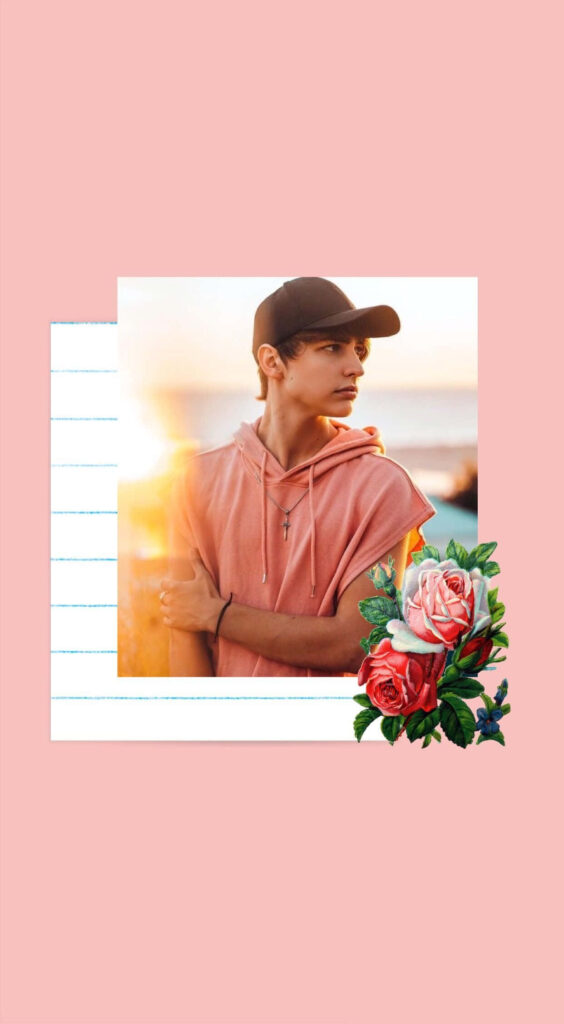 Colby Brock wallpaper pink hoodie black cap sunlit portrait with colorful roses and lined paper accents