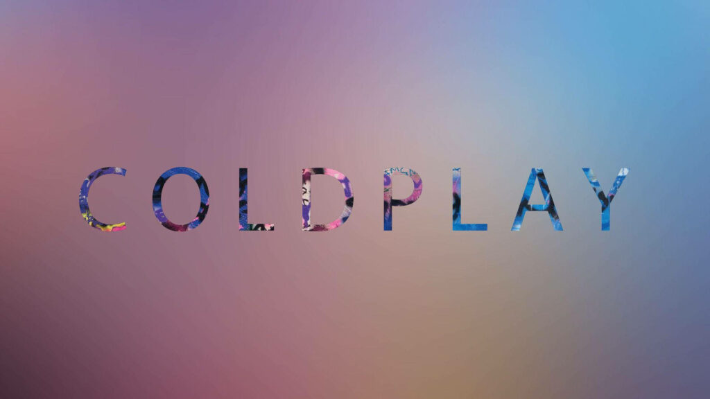 Coldplay bold uppercase letters with vibrant artistic patterns on pastel gradient wallpaper background