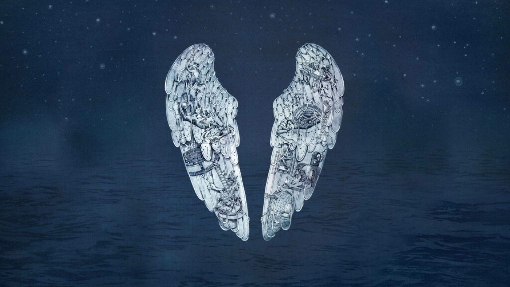 Coldplay Ghost Stories wallpaper with angel wings over starry night sky and calm ocean waters