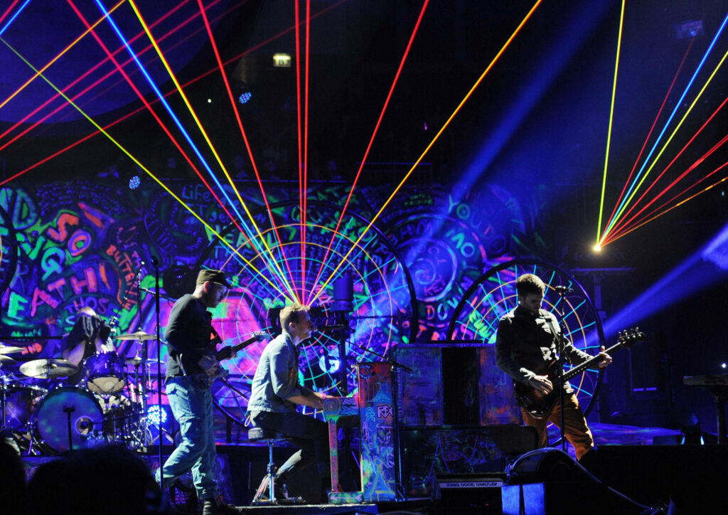 Coldplay live concert wallpaper with vibrant lasers colorful backdrops and energetic performance